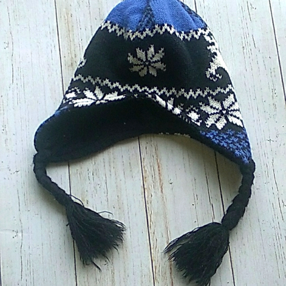 Blue Knit Snowflake and deer Hat  with tassels